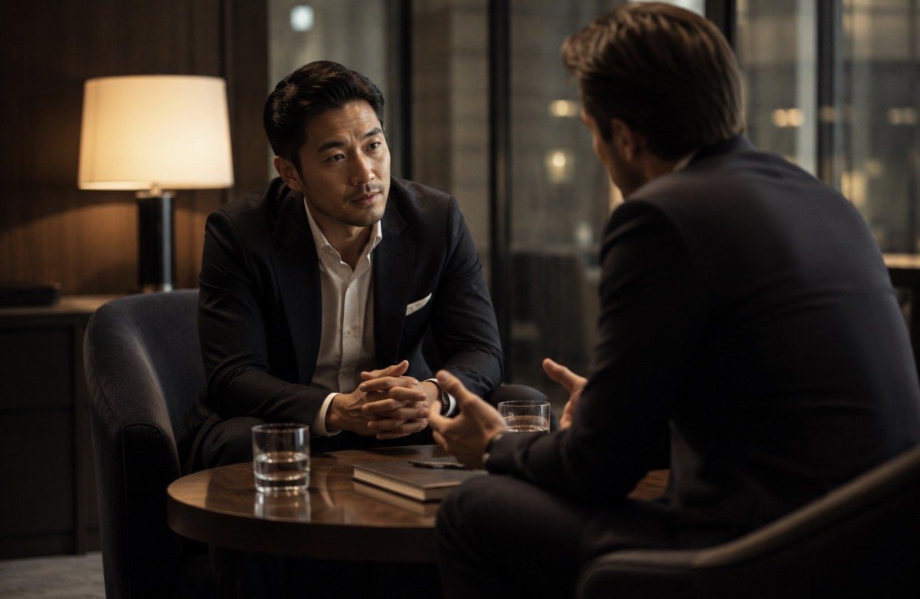 Two leaders in conversation in a quiet lounge setting