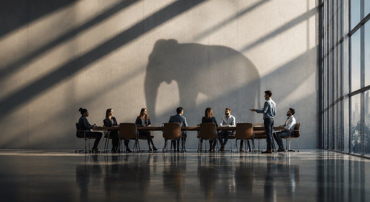 The shadow of an elephant looming over a boardroom