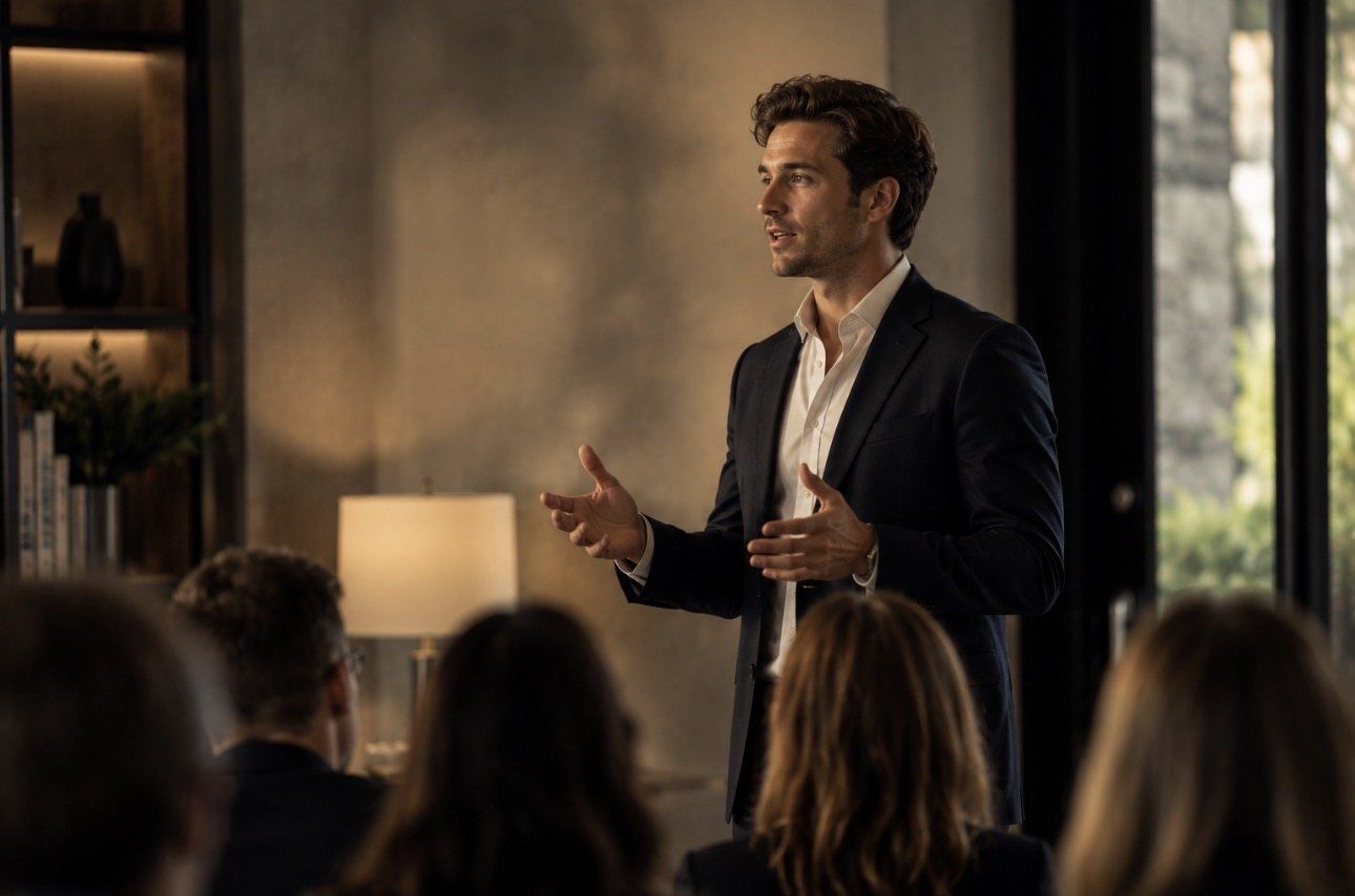 A speaker addressing a crowd in dramatic lighting